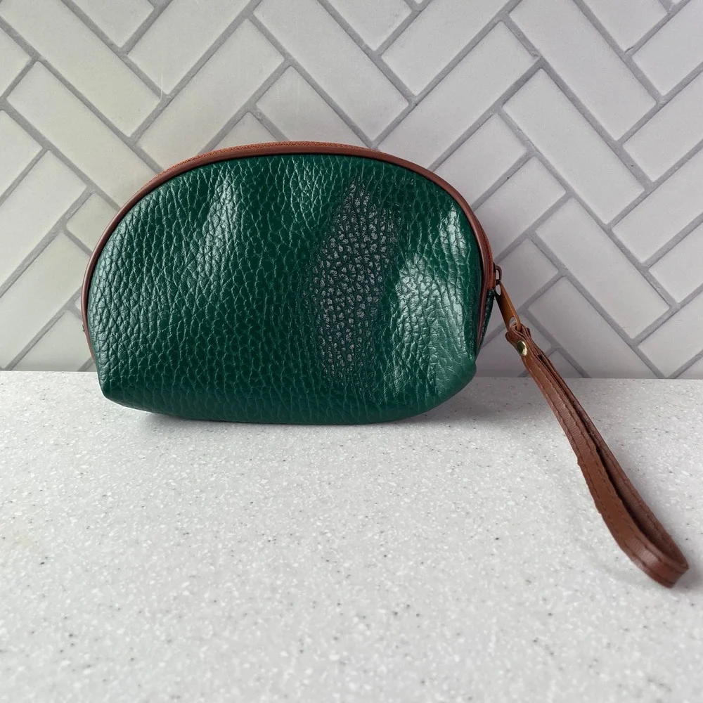 Forest Green Pebble Grain Vegan Leather Cosmetic Bag Wristlet Pouch Brown Trim
